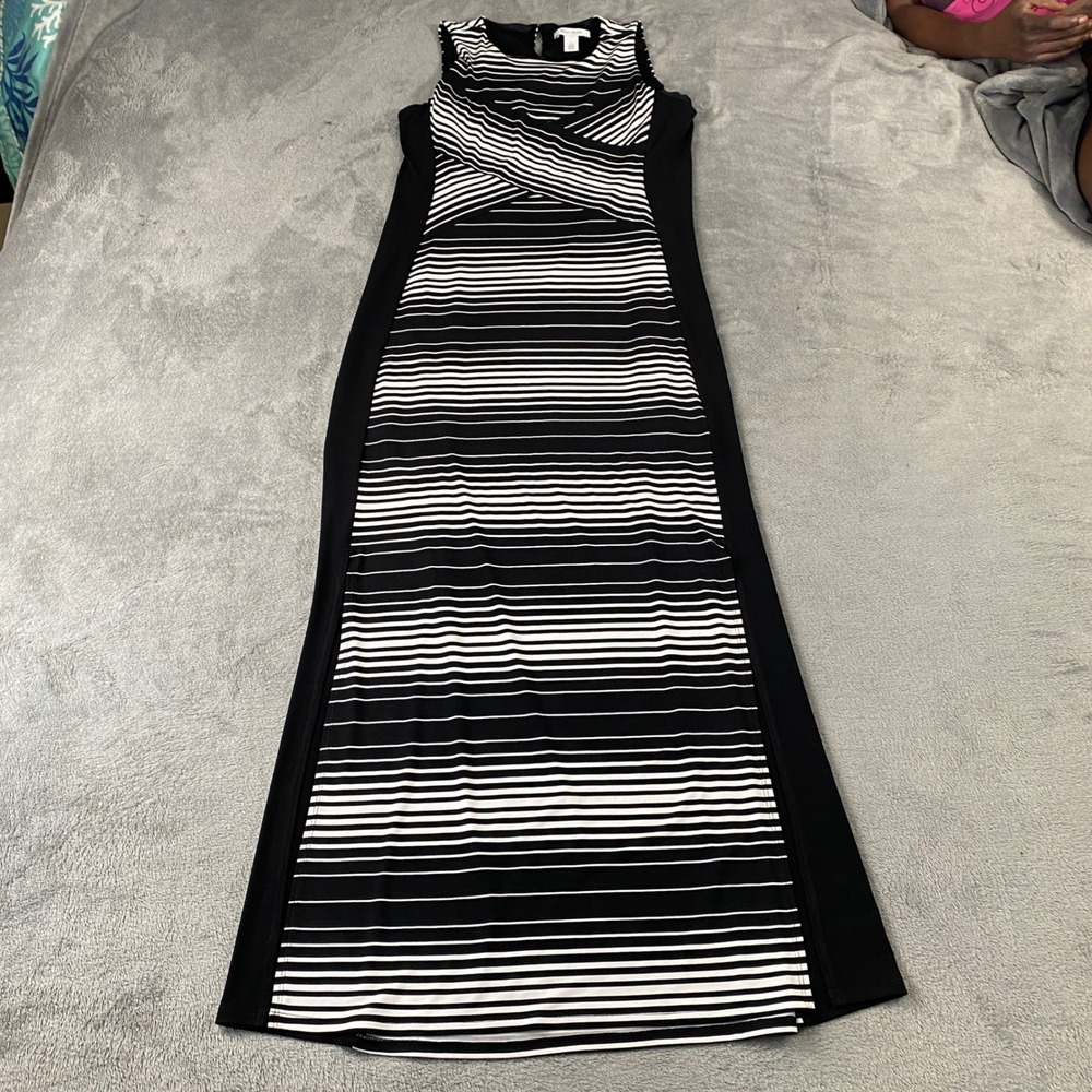 White House Black Market Maxi Dress Womens L Black White Striped Surplice Slit